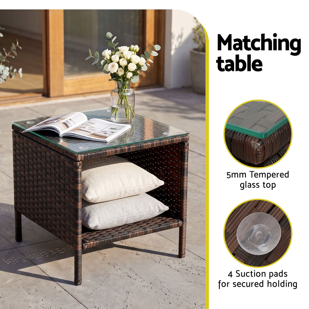 Gardeon 3PC Outdoor Bistro Set Patio Furniture Wicker Setting Chairs Table Cushion Brown-Outdoor Bistro Sets-PEROZ Accessories