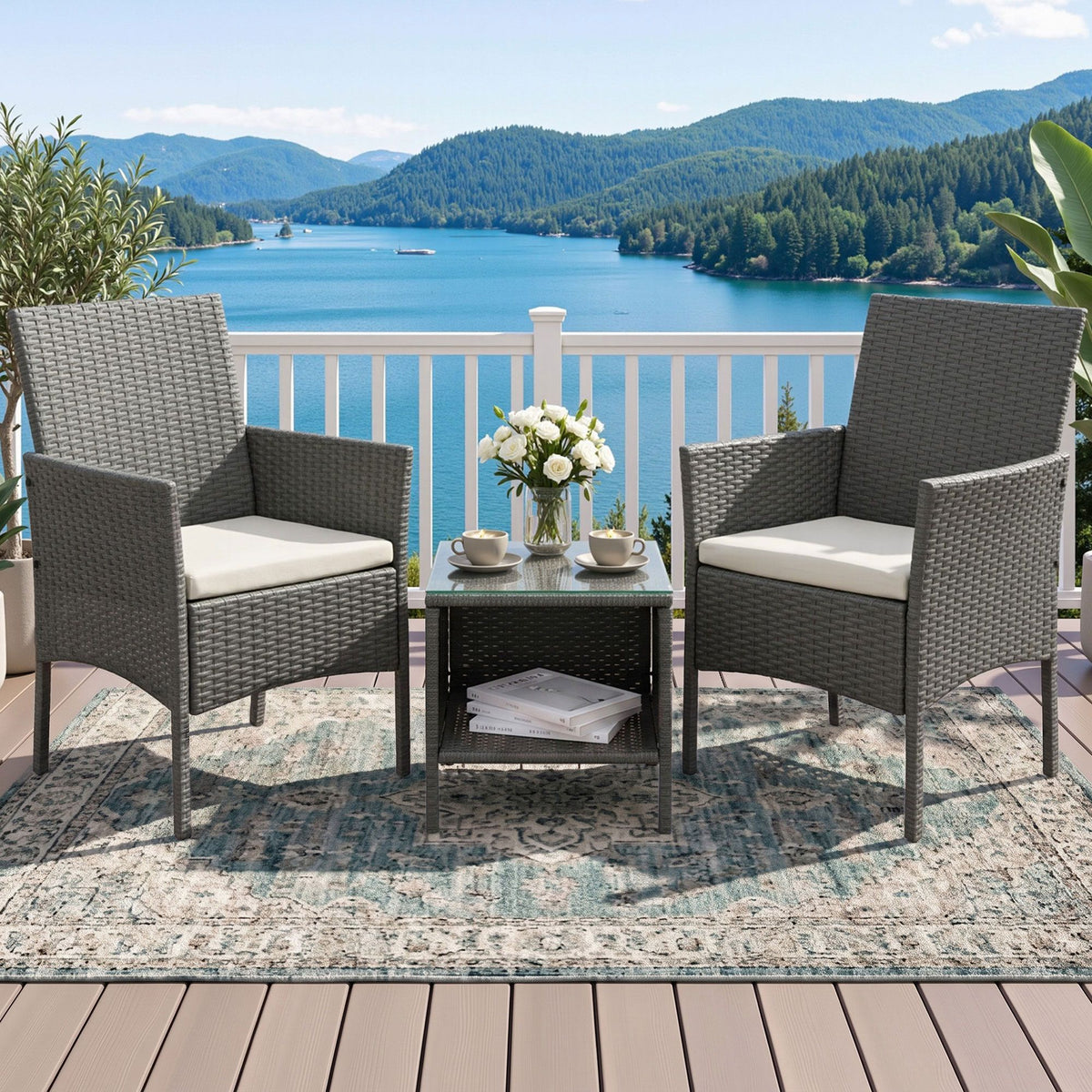 Gardeon 3PC Outdoor Bistro Set Patio Furniture Wicker Setting Chairs Table Cushion Grey-Outdoor Bistro Sets-PEROZ Accessories