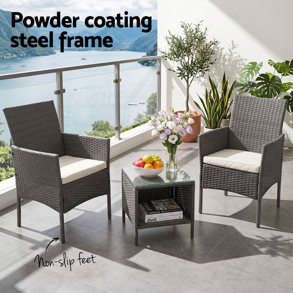 Gardeon 3PC Outdoor Bistro Set Patio Furniture Wicker Setting Chairs Table Cushion Grey-Outdoor Bistro Sets-PEROZ Accessories