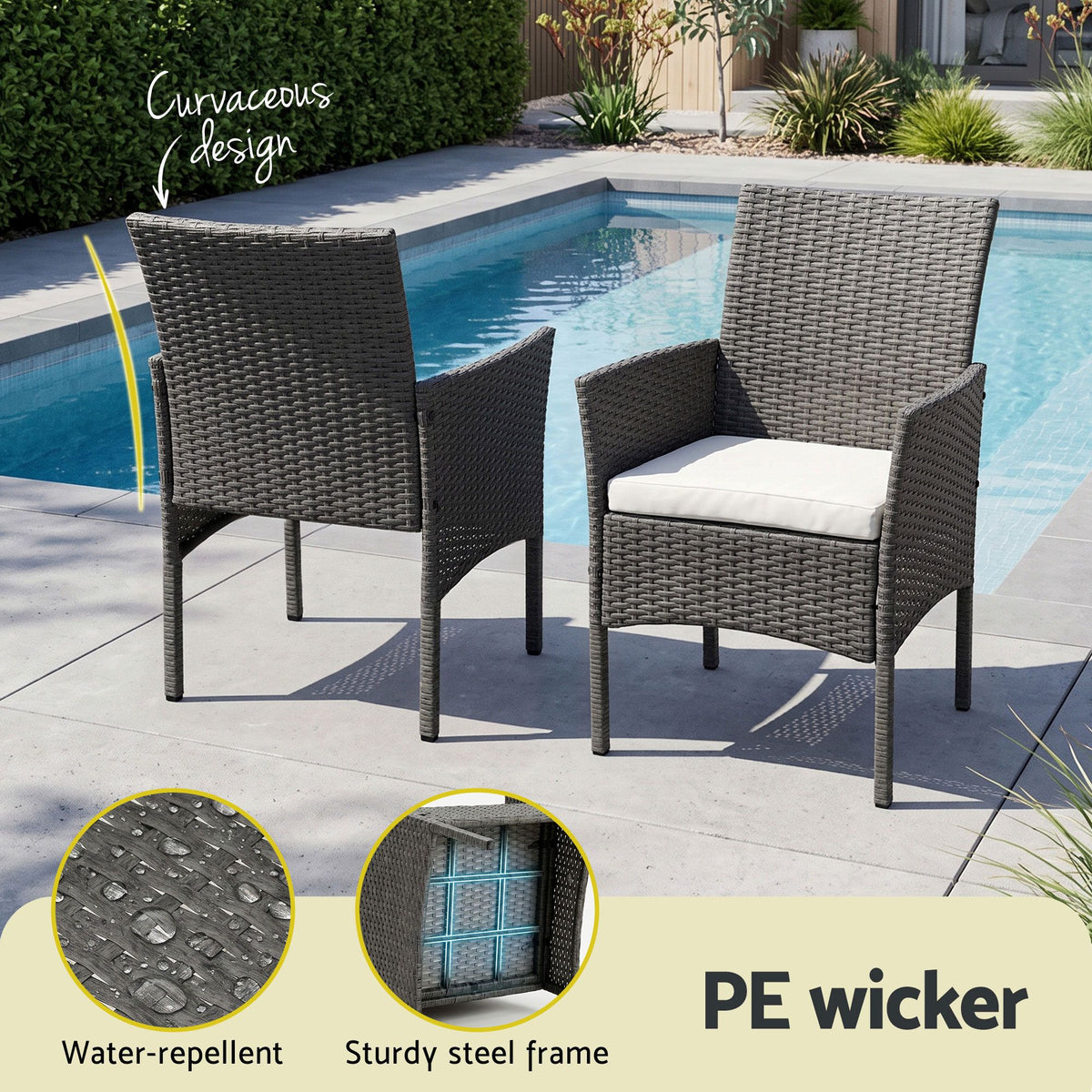 Gardeon 3PC Outdoor Bistro Set Patio Furniture Wicker Setting Chairs Table Cushion Grey-Outdoor Bistro Sets-PEROZ Accessories