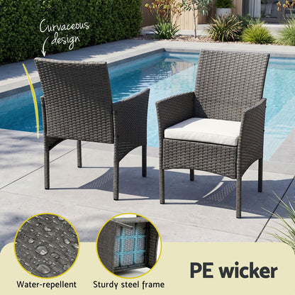 Gardeon 3PC Outdoor Bistro Set Patio Furniture Wicker Setting Chairs Table Cushion Grey-Outdoor Bistro Sets-PEROZ Accessories