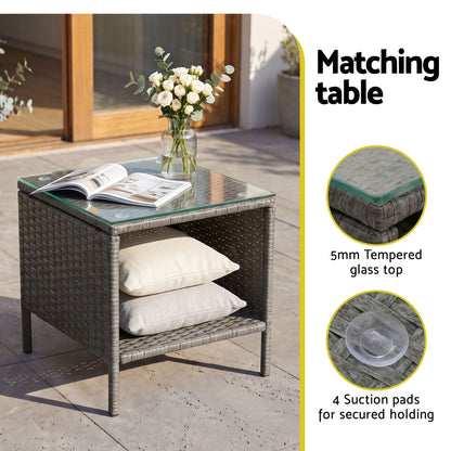 Gardeon 3PC Outdoor Bistro Set Patio Furniture Wicker Setting Chairs Table Cushion Grey-Outdoor Bistro Sets-PEROZ Accessories