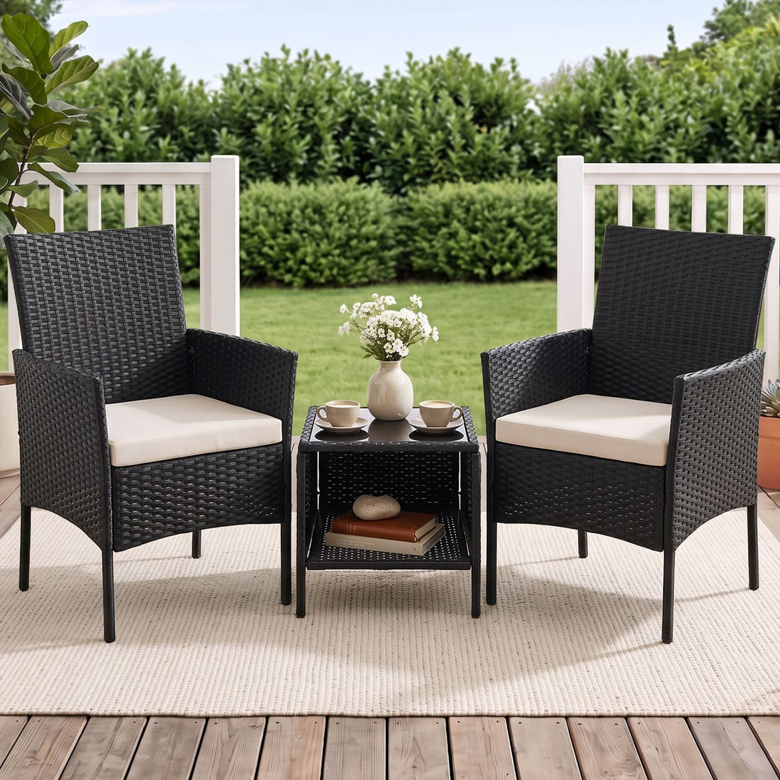 Gardeon 3PC Outdoor Bistro Set Patio Furniture Wicker Chairs Table Cushion All Black-Outdoor Bistro Sets-PEROZ Accessories