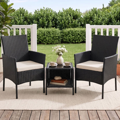 Gardeon 3PC Outdoor Bistro Set Patio Furniture Wicker Chairs Table Cushion All Black-Outdoor Bistro Sets-PEROZ Accessories