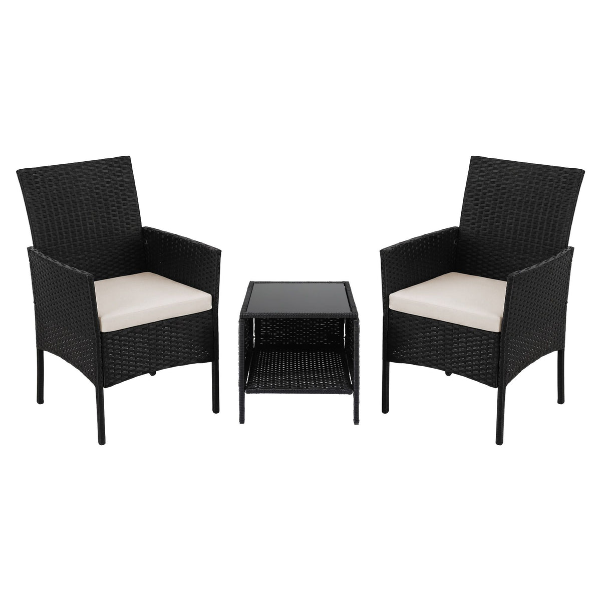 Gardeon 3PC Outdoor Bistro Set Patio Furniture Wicker Chairs Table Cushion All Black-Outdoor Bistro Sets-PEROZ Accessories