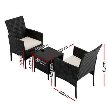 Gardeon 3PC Outdoor Bistro Set Patio Furniture Wicker Chairs Table Cushion All Black-Outdoor Bistro Sets-PEROZ Accessories