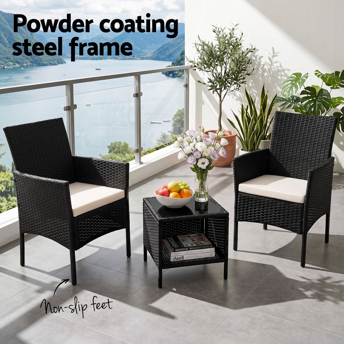 Gardeon 3PC Outdoor Bistro Set Patio Furniture Wicker Chairs Table Cushion All Black-Outdoor Bistro Sets-PEROZ Accessories