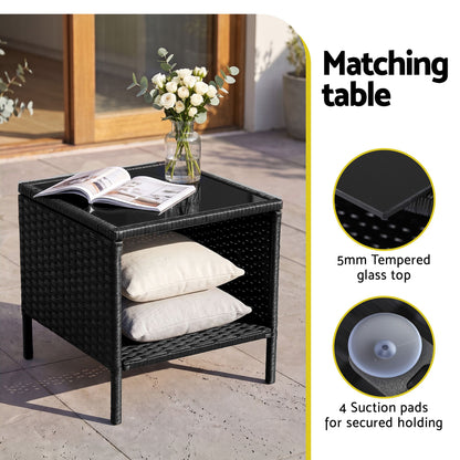 Gardeon 3PC Outdoor Bistro Set Patio Furniture Wicker Chairs Table Cushion All Black-Outdoor Bistro Sets-PEROZ Accessories