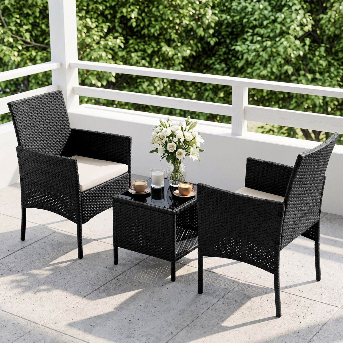 Gardeon 3PC Outdoor Bistro Set Patio Furniture Wicker Chairs Table Cushion All Black-Outdoor Bistro Sets-PEROZ Accessories