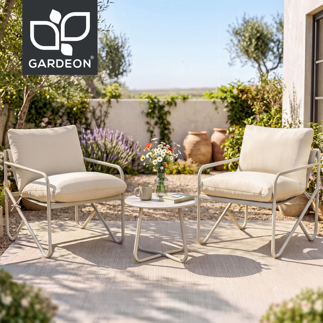 Gardeon Outdoor Bistro Set 3 Piece Patio Furniture Conversation Table and Chairs Khaki-Furniture > Outdoor > Outdoor Dining Sets-PEROZ Accessories