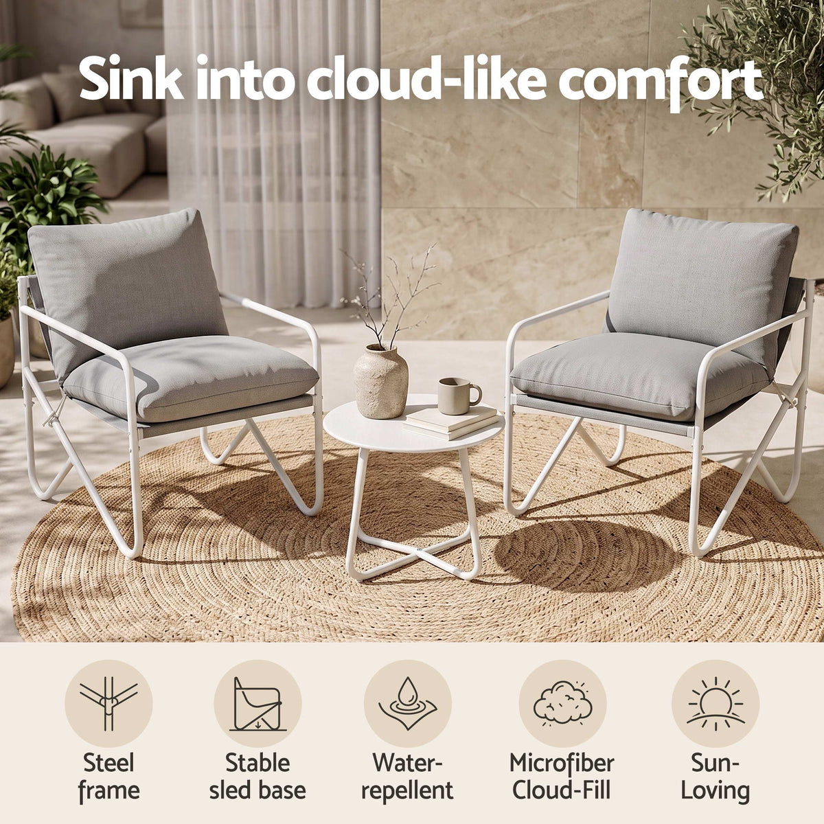 Gardeon Outdoor Bistro Set 3 Piece Patio Furniture Conversation Table and Chairs Grey