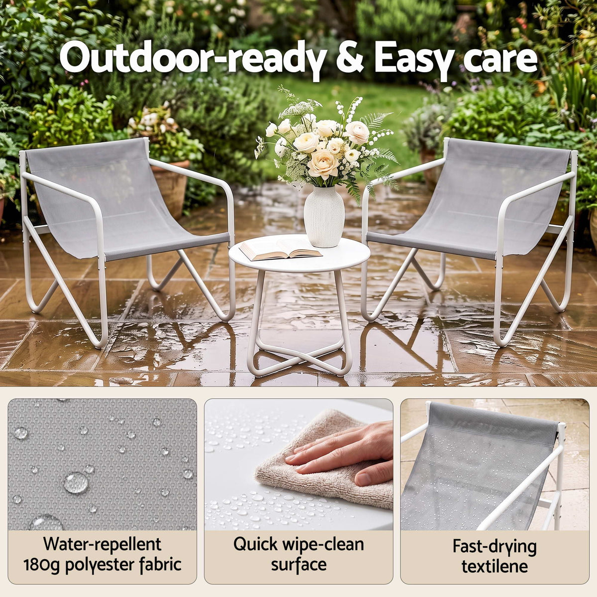 Gardeon Outdoor Bistro Set 3 Piece Patio Furniture Conversation Table and Chairs Grey