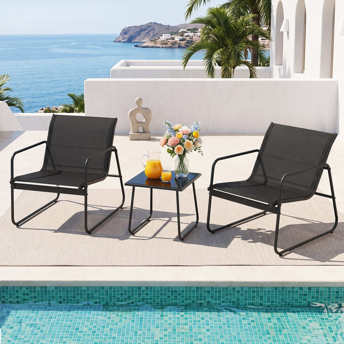Gardeon Outdoor Bistro Set 3 Piece Patio Furniture Textilene Chairs Glass Table-Furniture > Outdoor > Outdoor Dining Sets-PEROZ Accessories