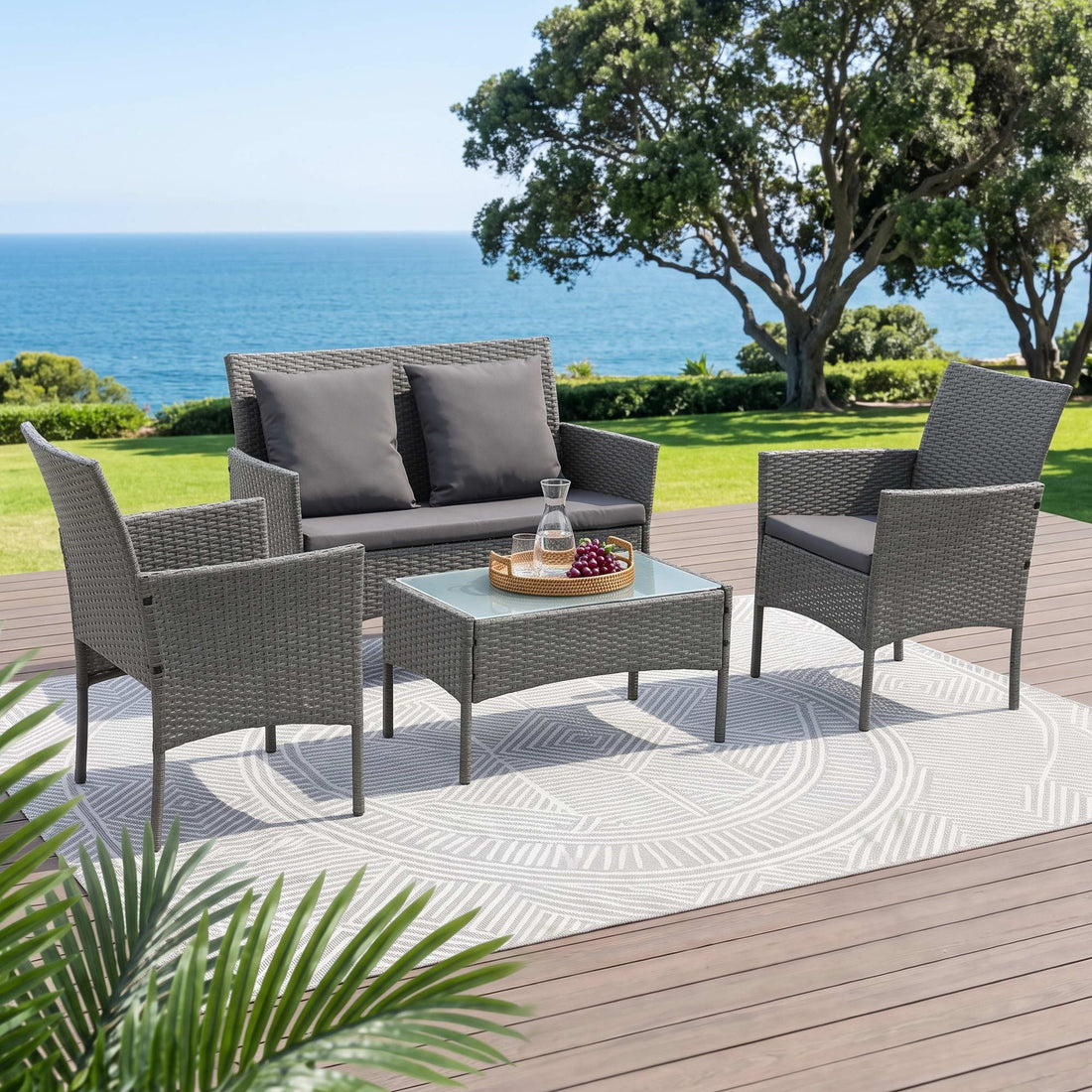 Gardeon 4-Piece Outdoor Sofa Set Rattan Furniture with Two Pillows Grey-Furniture > Outdoor > Outdoor Sofas &amp; Lounge Sets-PEROZ Accessories