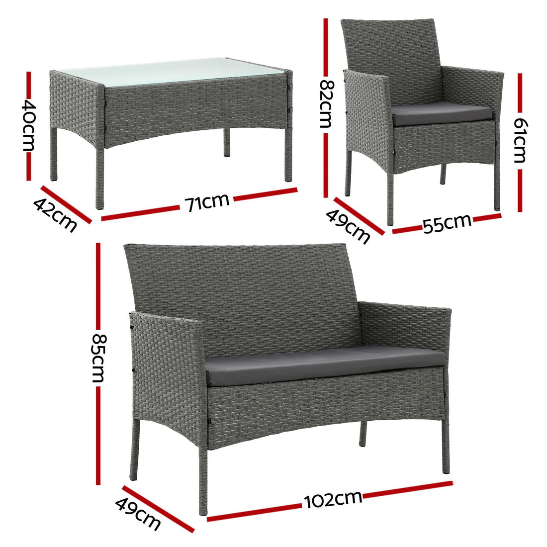 Gardeon 4-Piece Outdoor Sofa Set Rattan Furniture with Two Pillows Grey-Furniture > Outdoor > Outdoor Sofas &amp; Lounge Sets-PEROZ Accessories