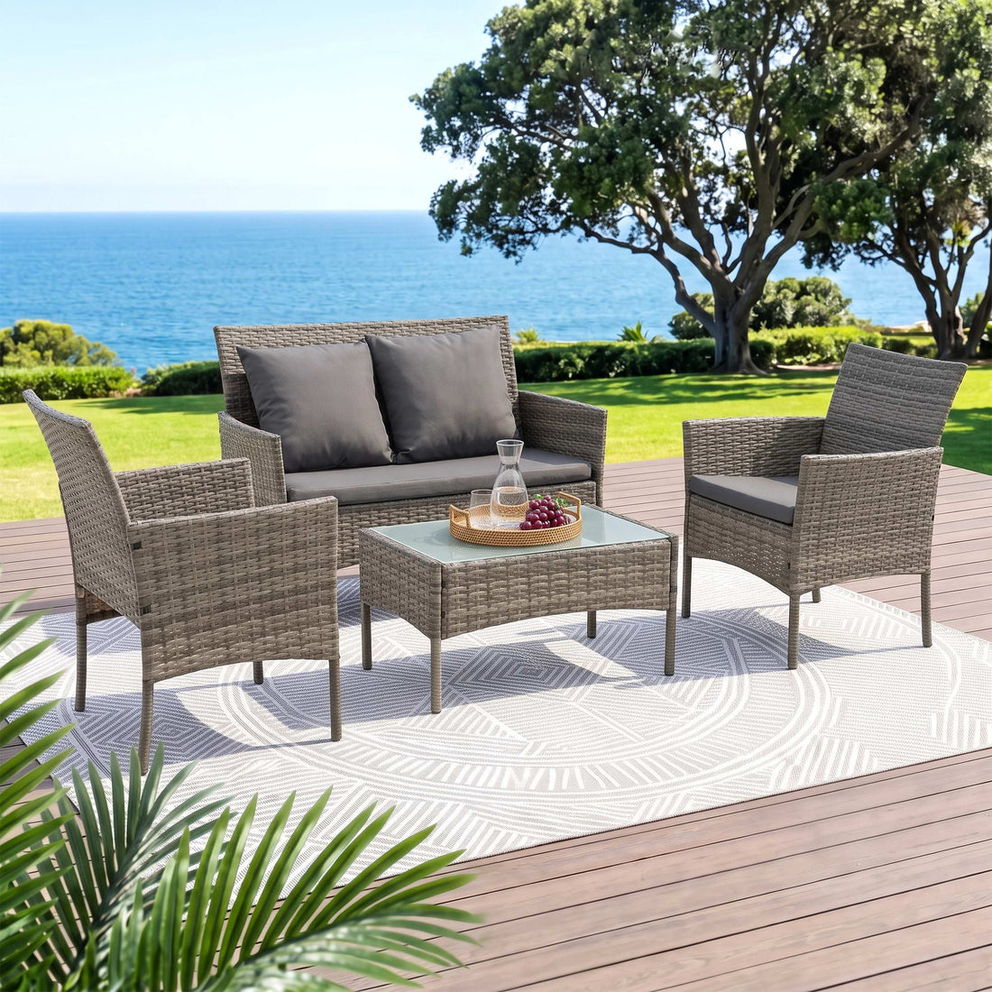 Gardeon 4-Piece Outdoor Sofa Set with Two Pillows Rattan Furniture Grey-Furniture > Outdoor > Outdoor Sofas &amp; Lounge Sets-PEROZ Accessories