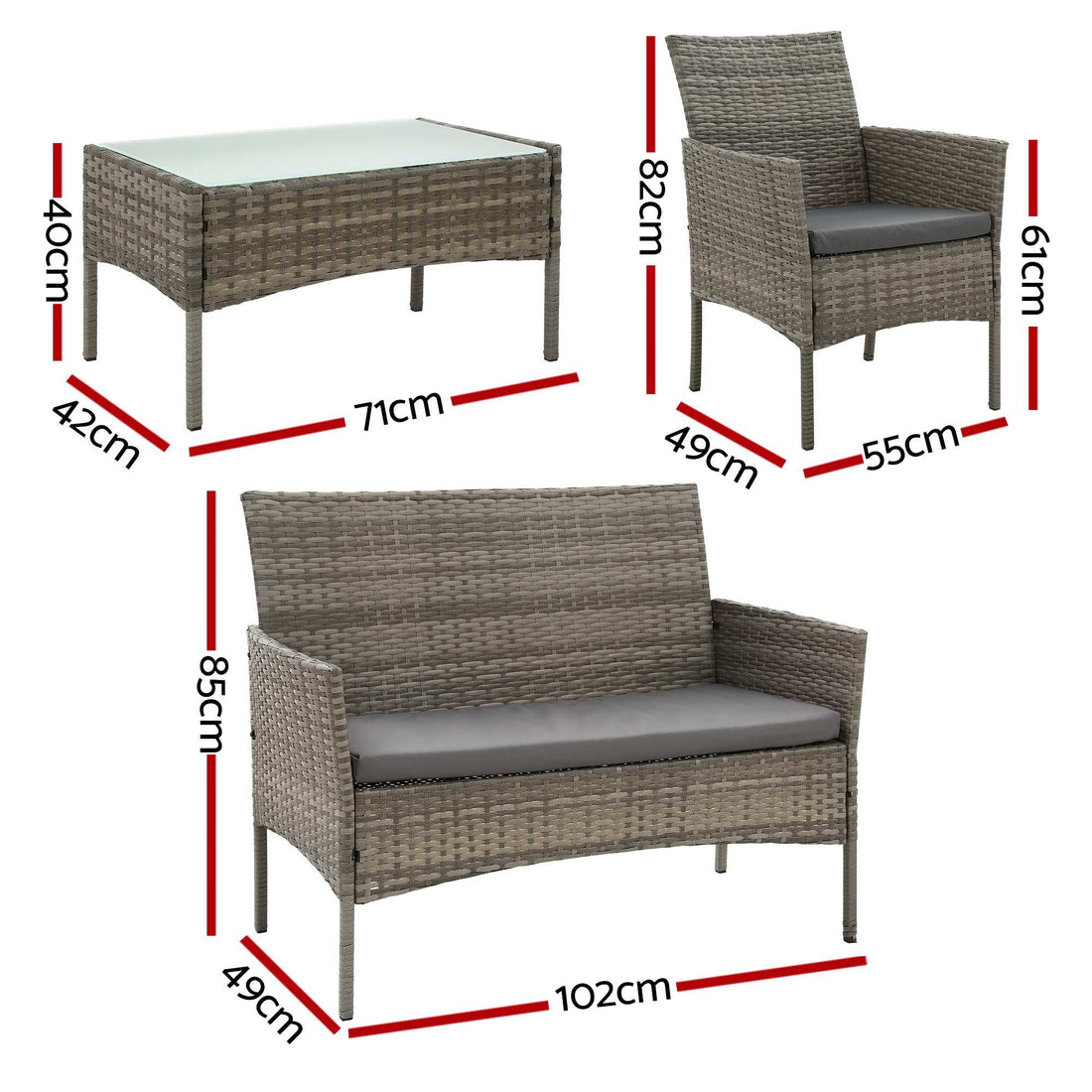 Gardeon 4-Piece Outdoor Sofa Set with Two Pillows Rattan Furniture Grey-Furniture > Outdoor > Outdoor Sofas &amp; Lounge Sets-PEROZ Accessories