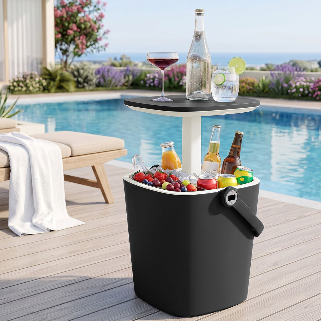 Gardeon 2-in-1 Outdoor Bar Table Portable Wine Cooler 15L Ice Bucket Tong Black-Furniture > Outdoor > Outdoor Tables-PEROZ Accessories