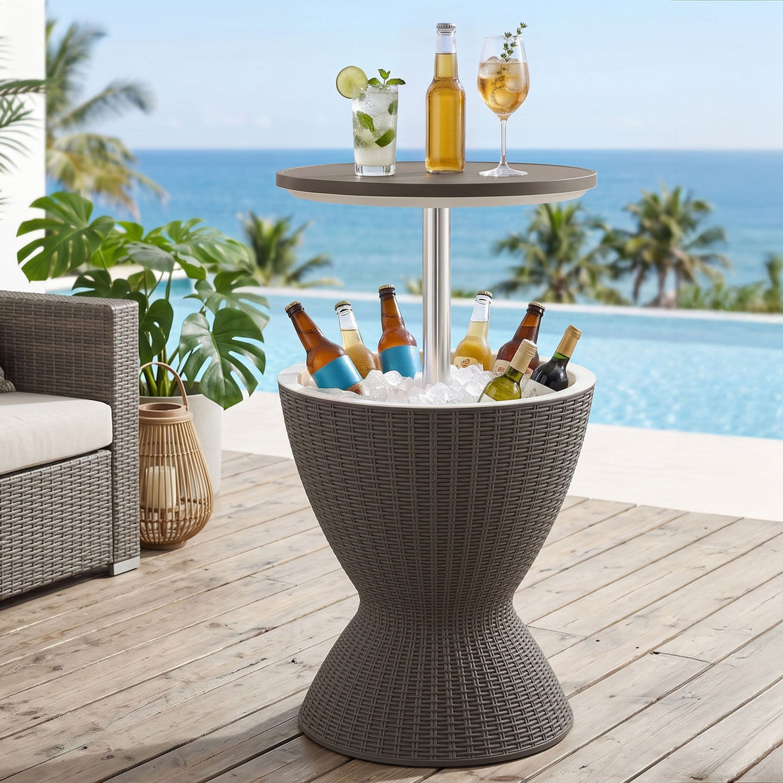 Gardeon Outdoor Bar Table Portable Ice Bucket Cooler 30L Adjustable Top Brown-Furniture > Outdoor > Outdoor Tables-PEROZ Accessories