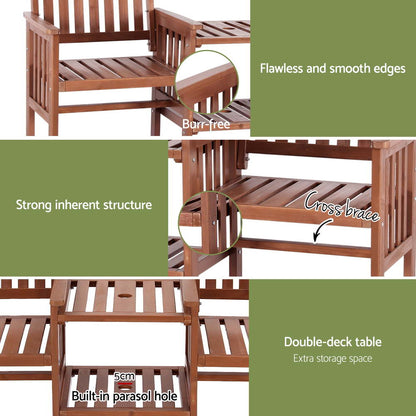 Gardeon Outdoor Garden Bench Loveseat Wooden Table Chairs Patio Furniture Brown-Furniture &gt; Outdoor &gt; Outdoor Benches-PEROZ Accessories