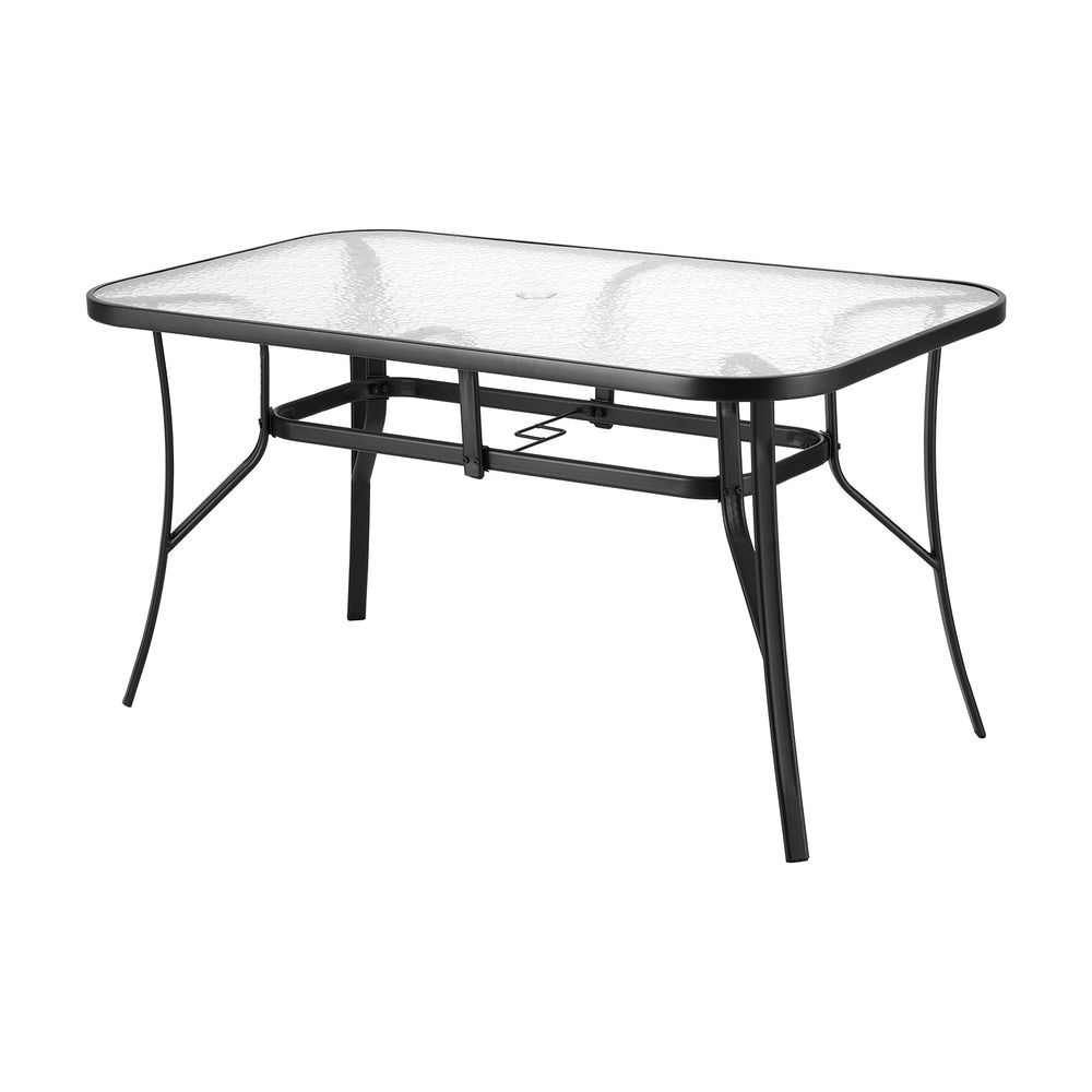 Gardeon 140CM Outdoor Dining Table Steel Frame Tempered Glass Parasol Hole Black-Furniture &gt; Outdoor &gt; Outdoor Tables-PEROZ Accessories