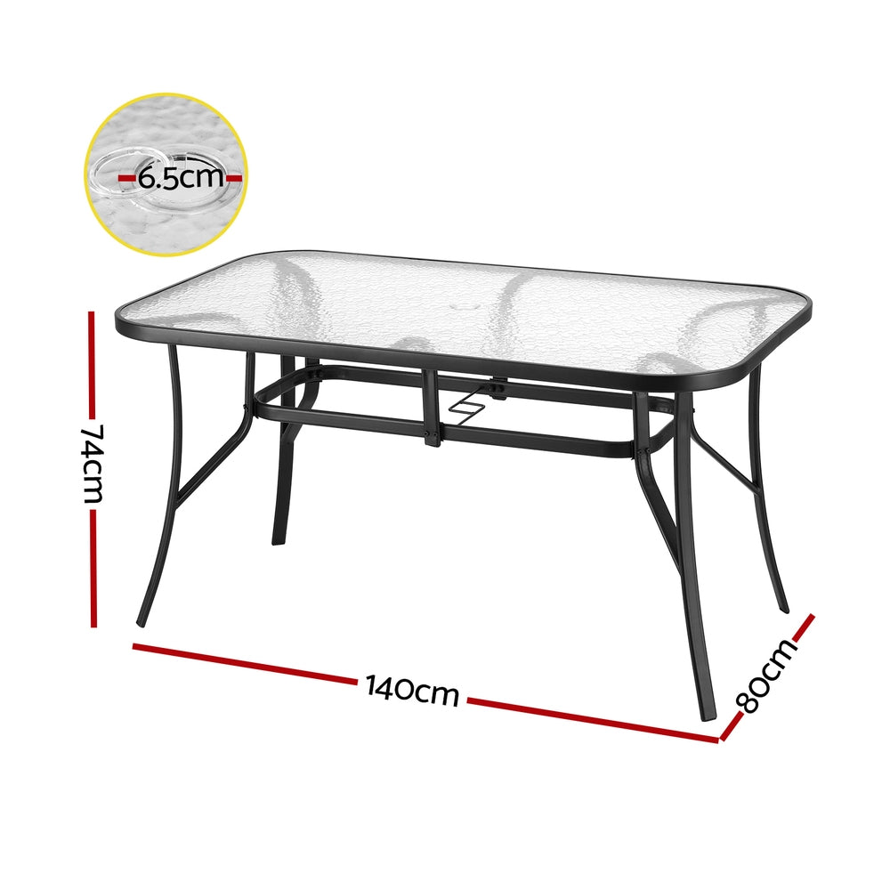 Gardeon 140CM Outdoor Dining Table Steel Frame Tempered Glass Parasol Hole Black-Furniture &gt; Outdoor &gt; Outdoor Tables-PEROZ Accessories