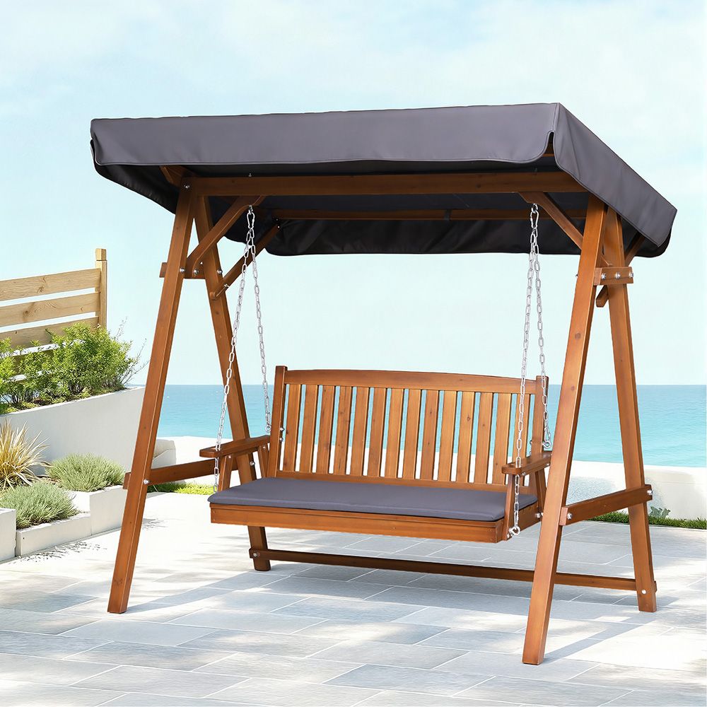 Gardeon Outdoor Wooden Swing Chair Garden Bench Canopy Cushion 3 Seater Teak-Swing Chairs-PEROZ Accessories