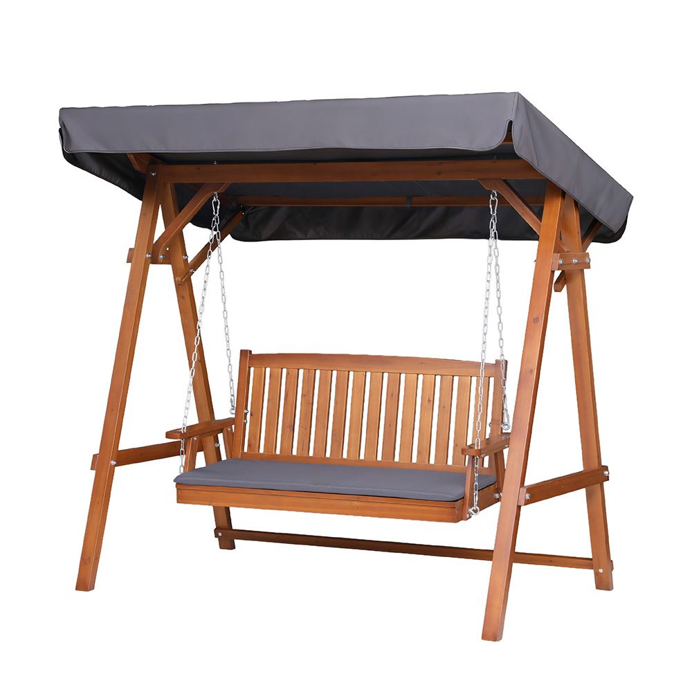Gardeon Outdoor Wooden Swing Chair Garden Bench Canopy Cushion 3 Seater Teak-Swing Chairs-PEROZ Accessories
