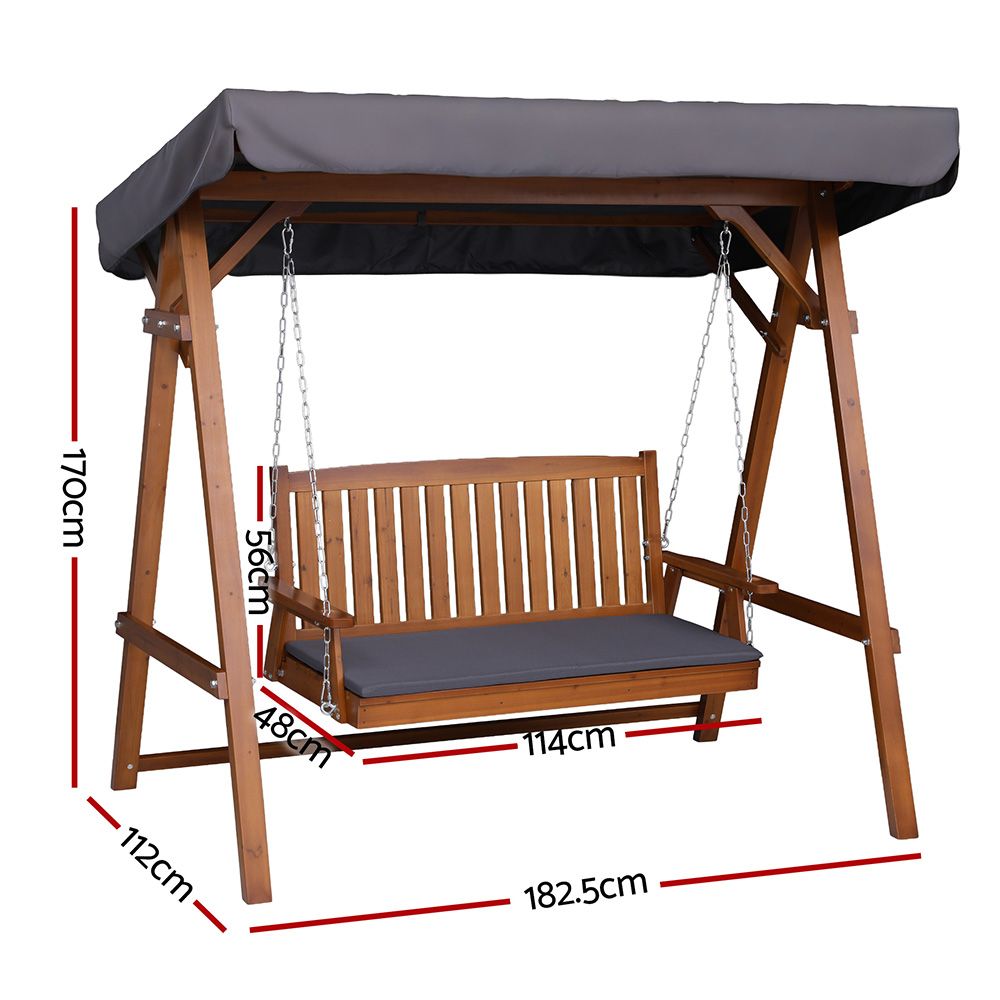 Gardeon Outdoor Wooden Swing Chair Garden Bench Canopy Cushion 3 Seater Teak-Swing Chairs-PEROZ Accessories