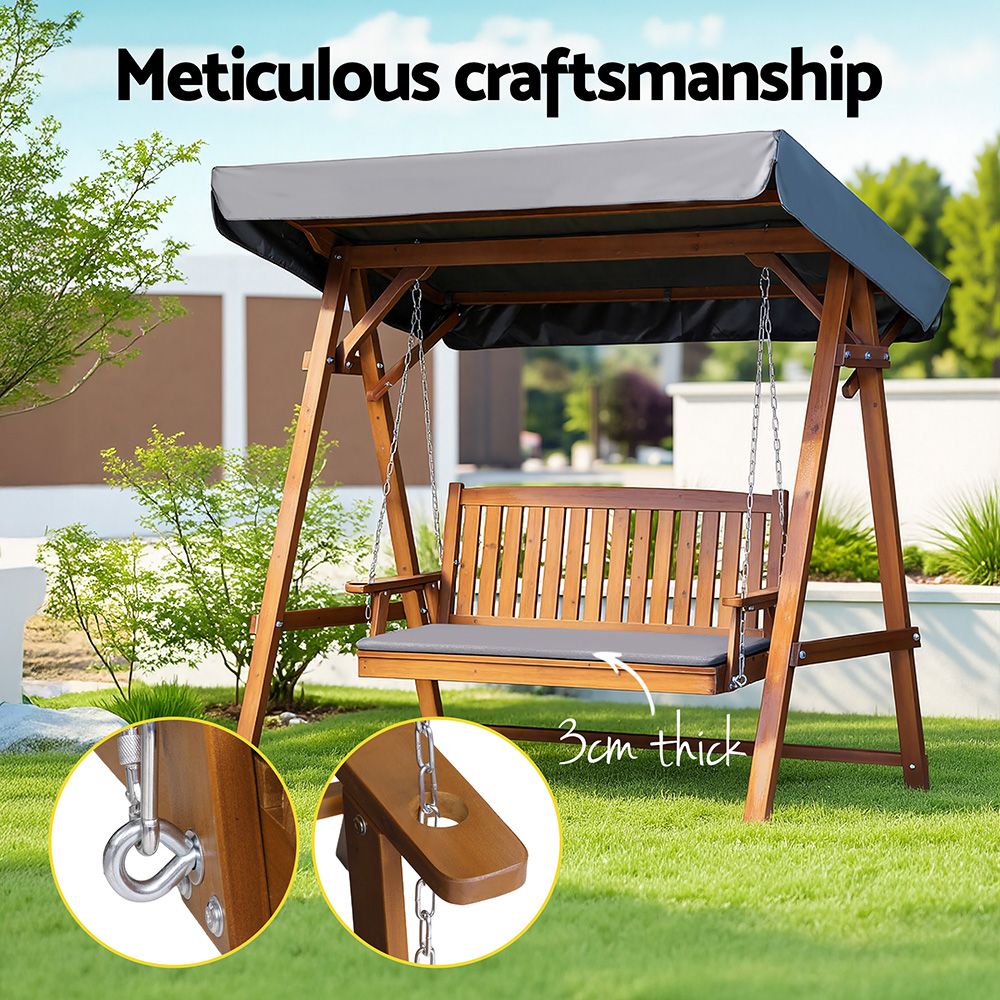 Gardeon Outdoor Wooden Swing Chair Garden Bench Canopy Cushion 3 Seater Teak-Swing Chairs-PEROZ Accessories