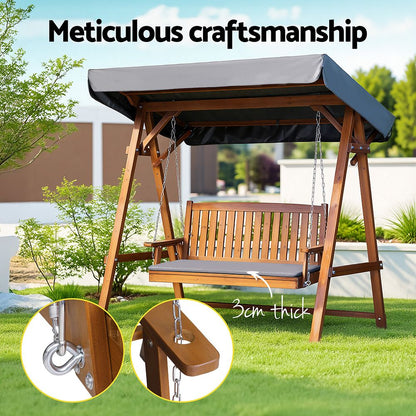 Gardeon Outdoor Wooden Swing Chair Garden Bench Canopy Cushion 3 Seater Teak-Swing Chairs-PEROZ Accessories