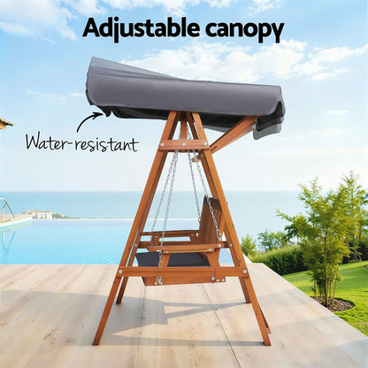 Gardeon Outdoor Wooden Swing Chair Garden Bench Canopy Cushion 3 Seater Teak-Swing Chairs-PEROZ Accessories