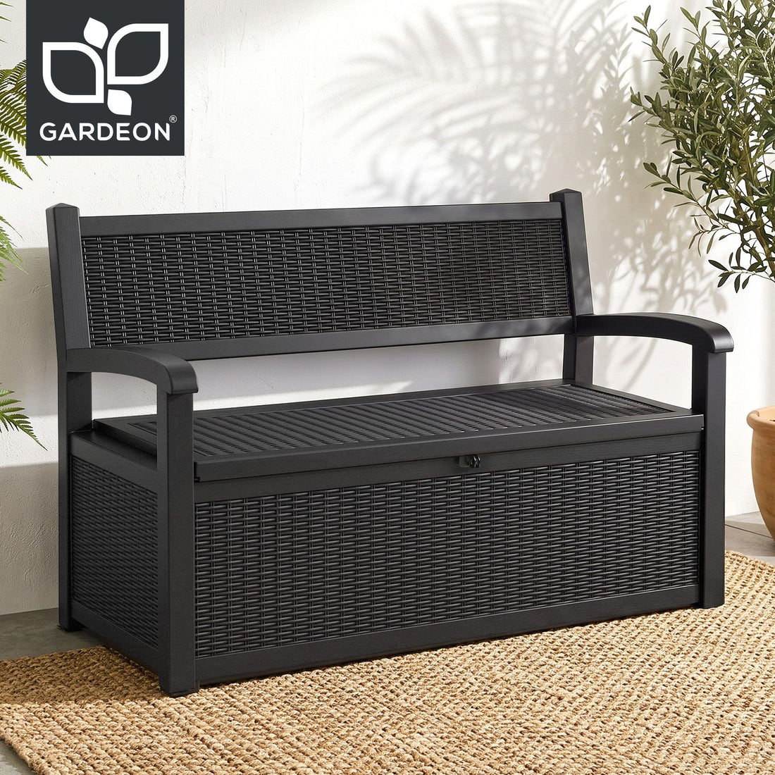 Gardeon Outdoor Storage Box Bench 254L Resin Armset Backrest Lockable Black-Furniture > Outdoor > Outdoor Benches-PEROZ Accessories