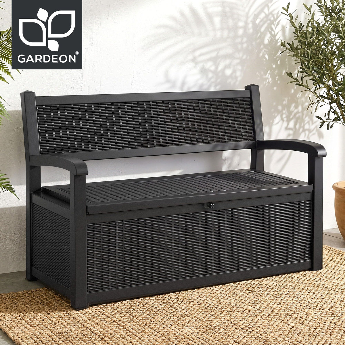Gardeon Outdoor Storage Box Bench 254L Resin Armset Backrest Lockable Black-Furniture > Outdoor > Outdoor Benches-PEROZ Accessories