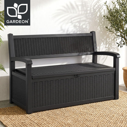 Gardeon Outdoor Storage Box Bench 254L Resin Armset Backrest Lockable Black-Furniture > Outdoor > Outdoor Benches-PEROZ Accessories