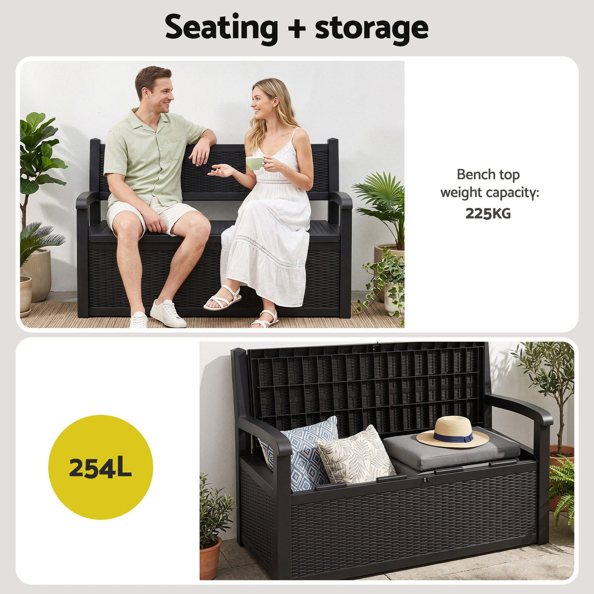 Gardeon Outdoor Storage Box Bench 254L Resin Armset Backrest Lockable Black-Furniture > Outdoor > Outdoor Benches-PEROZ Accessories