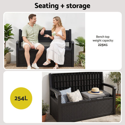 Gardeon Outdoor Storage Box Bench 254L Resin Armset Backrest Lockable Black-Furniture > Outdoor > Outdoor Benches-PEROZ Accessories