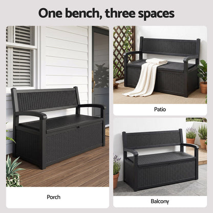 Gardeon Outdoor Storage Box Bench 254L Resin Armset Backrest Lockable Black-Furniture > Outdoor > Outdoor Benches-PEROZ Accessories