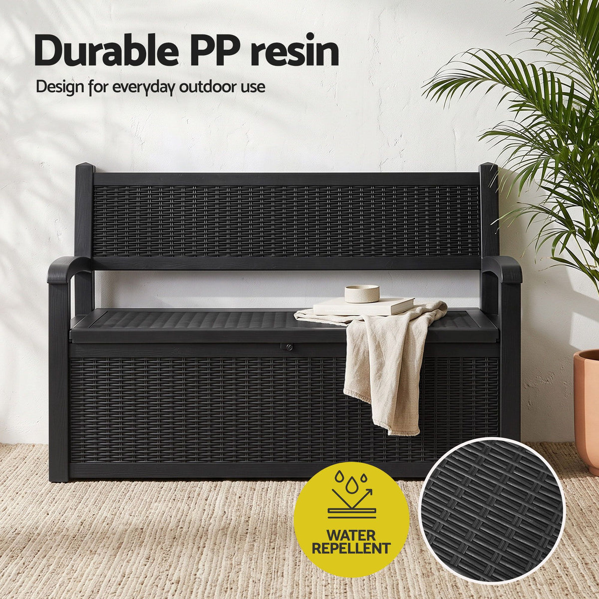 Gardeon Outdoor Storage Box Bench 254L Resin Armset Backrest Lockable Black-Furniture > Outdoor > Outdoor Benches-PEROZ Accessories