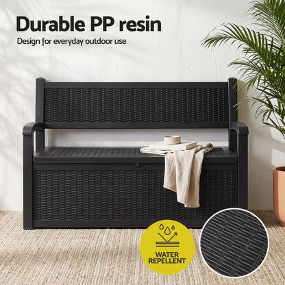 Gardeon Outdoor Storage Box Bench 254L Resin Armset Backrest Lockable Black-Furniture > Outdoor > Outdoor Benches-PEROZ Accessories