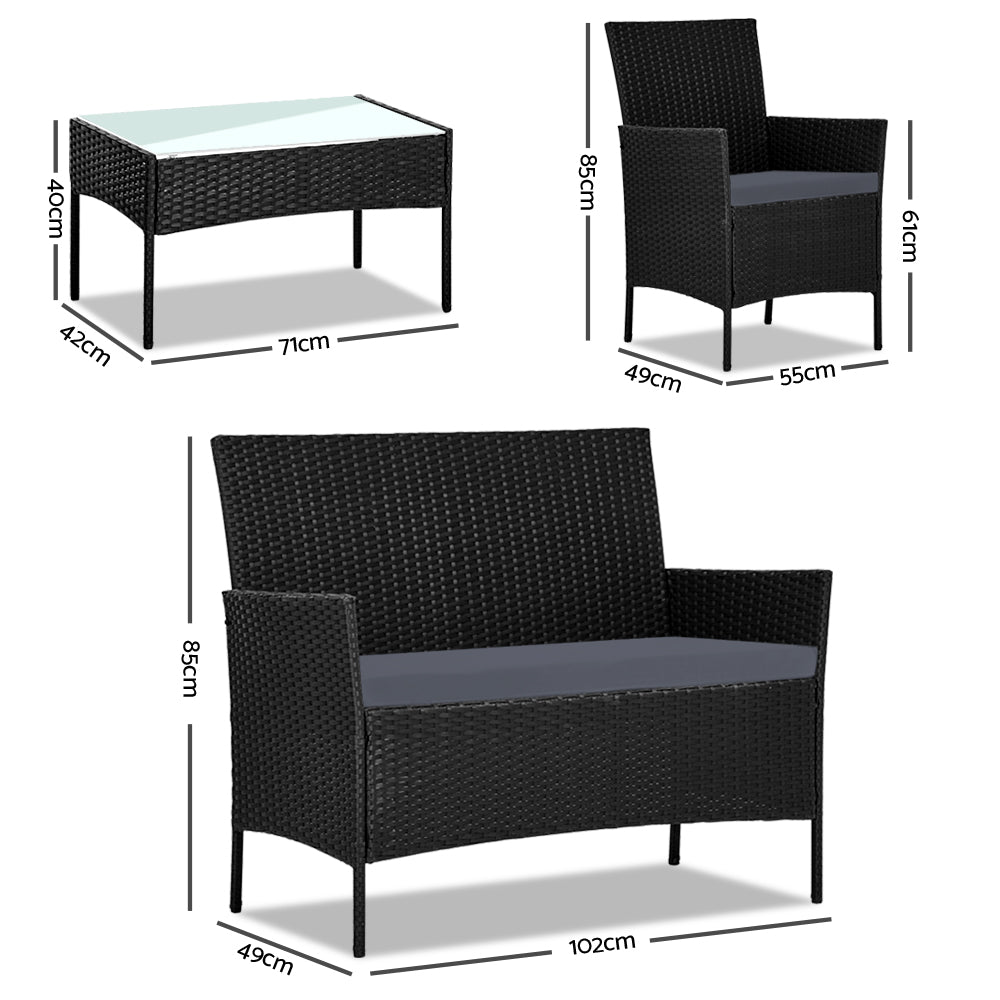 Gardeon 4 Seater Outdoor Sofa Set Wicker Setting Table Chair Furniture Black-Outdoor Dining Sets-PEROZ Accessories