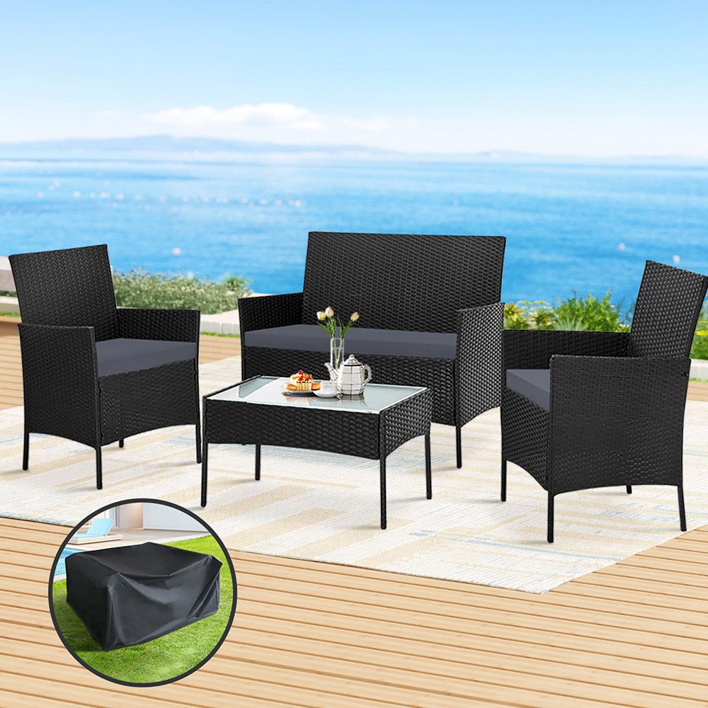 Gardeon 4 Seater Outdoor Sofa Set with Storage Cover Wicker Table Chair Black-Outdoor Sofa Sets-PEROZ Accessories