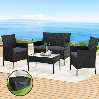 Gardeon 4 Seater Outdoor Sofa Set with Storage Cover Wicker Table Chair Black-Outdoor Sofa Sets-PEROZ Accessories