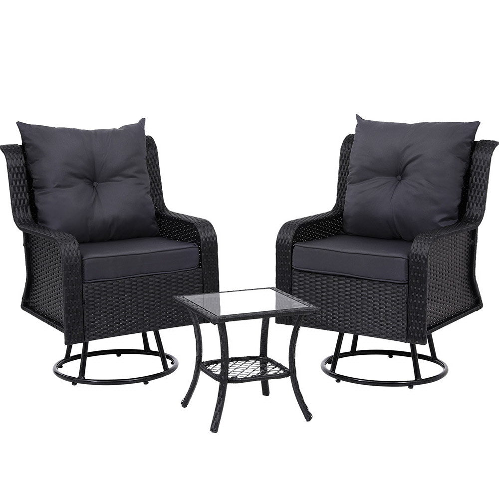 Gardeon 3PC Outdoor Furniture Bistro Set Lounge Wicker Swivel Chairs Table Cushion Black-Outdoor Bistro Sets-PEROZ Accessories