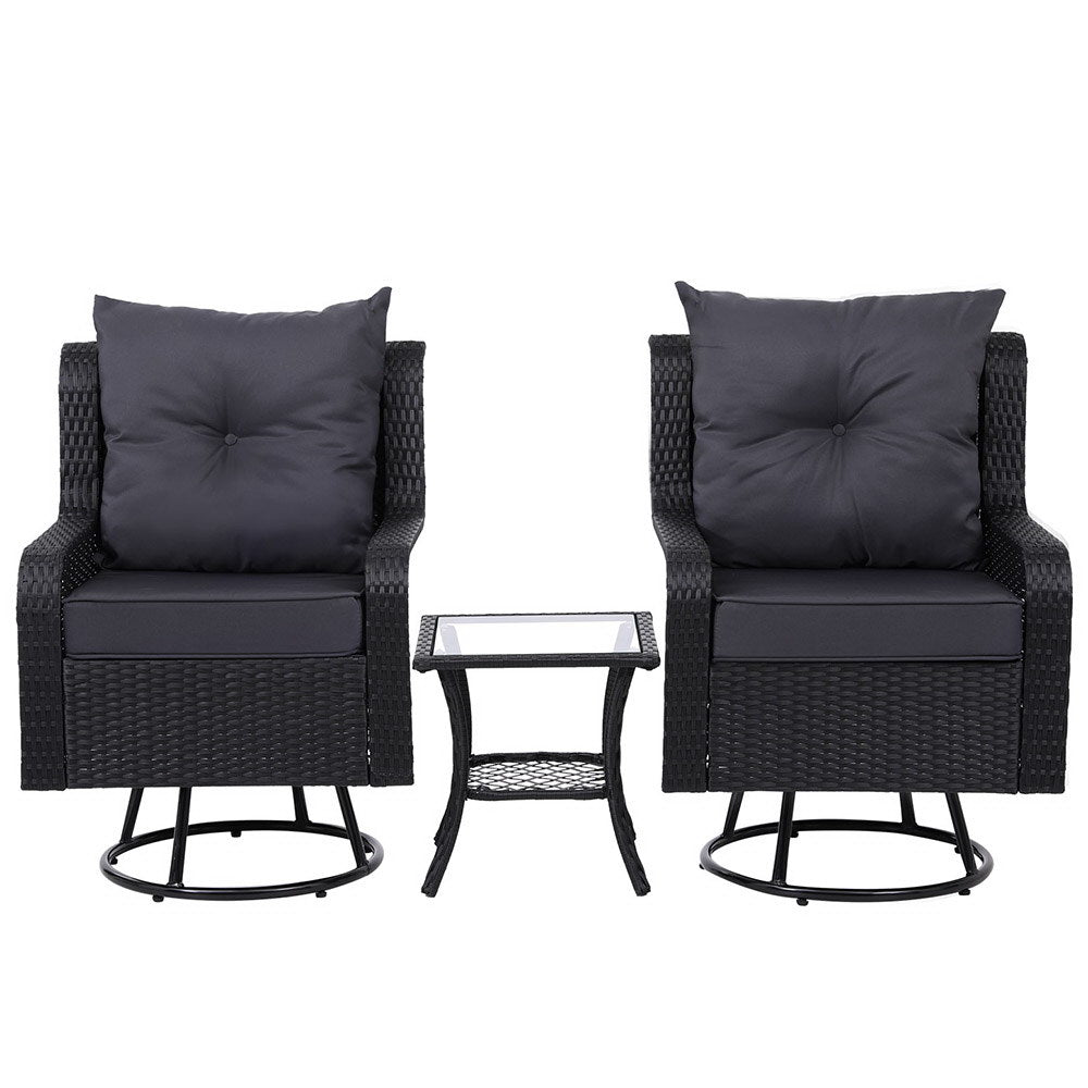 Gardeon 3PC Outdoor Furniture Bistro Set Lounge Wicker Swivel Chairs Table Cushion Black-Outdoor Bistro Sets-PEROZ Accessories