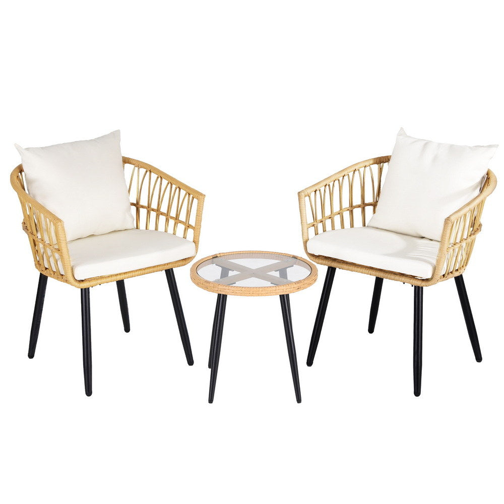 Gardeon 3PC Outdoor Bistro Set Patio Furniture Lounge Setting Table and Chairs Natural-Furniture &gt; Outdoor &gt; Outdoor Sofas &amp; Lounge Sets-PEROZ Accessories