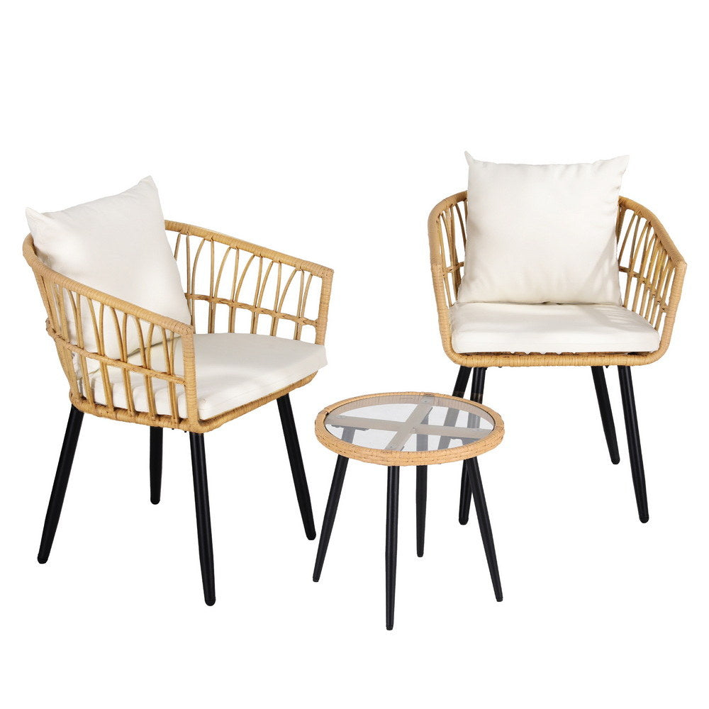 Gardeon 3PC Outdoor Bistro Set Patio Furniture Lounge Setting Table and Chairs Natural-Furniture &gt; Outdoor &gt; Outdoor Sofas &amp; Lounge Sets-PEROZ Accessories
