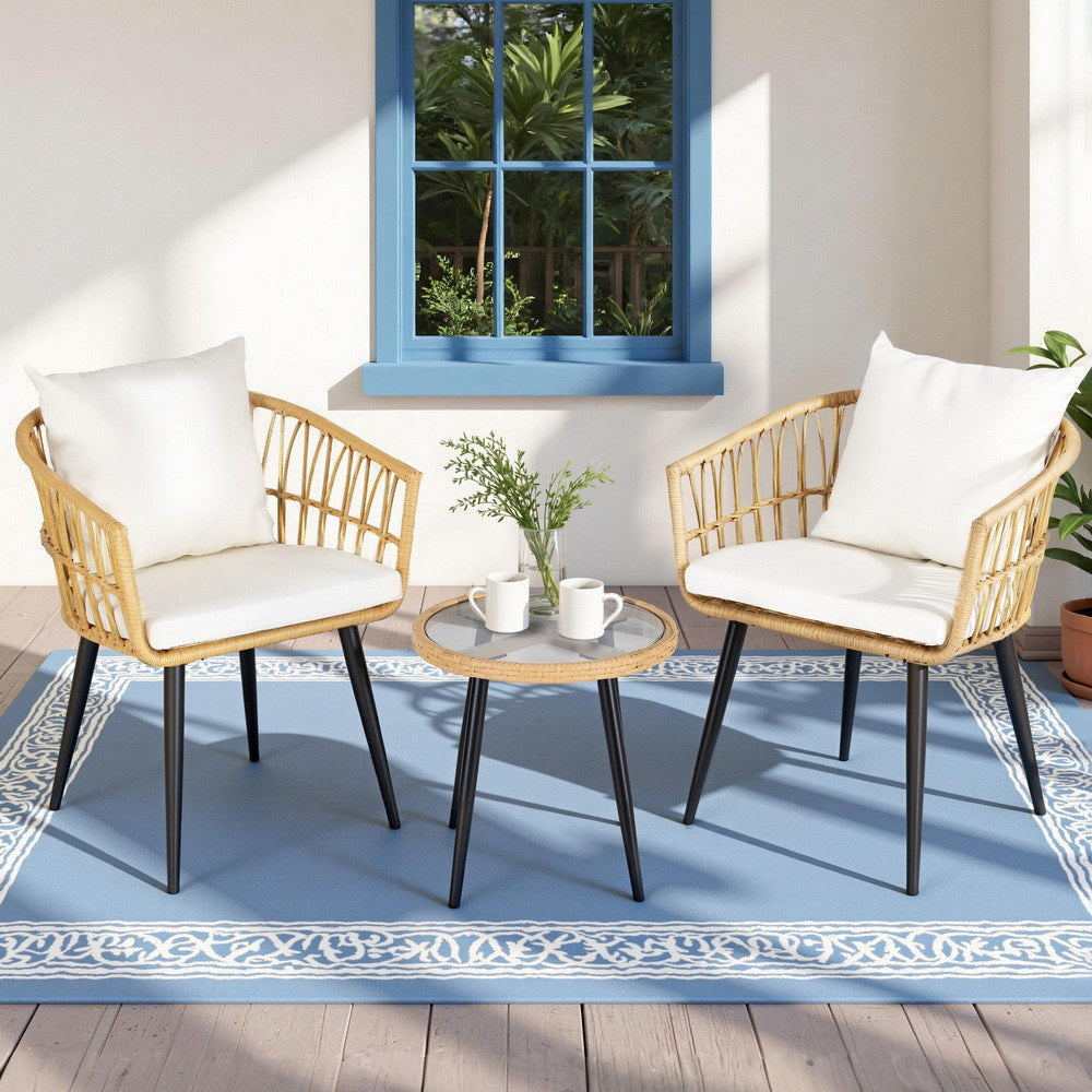 Gardeon 3PC Outdoor Bistro Set Patio Furniture Lounge Setting Table and Chairs Natural-Furniture &gt; Outdoor &gt; Outdoor Sofas &amp; Lounge Sets-PEROZ Accessories