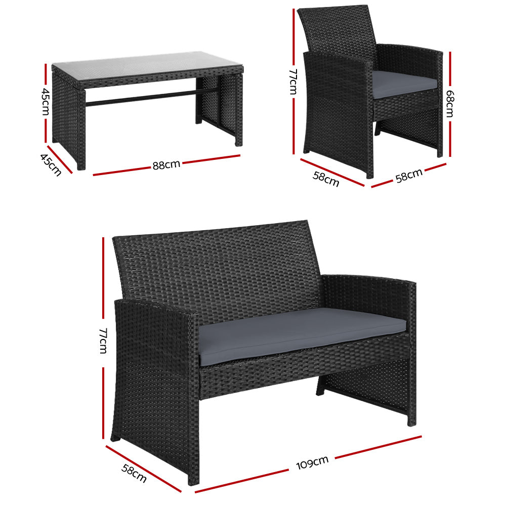 Gardeon 4 PCS Outdoor Sofa Set Rattan Chair Table Setting Garden Furniture Black-Outdoor Furniture Sets-PEROZ Accessories
