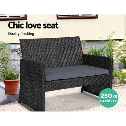 Gardeon 4 PCS Outdoor Sofa Set Rattan Chair Table Setting Garden Furniture Black-Outdoor Furniture Sets-PEROZ Accessories